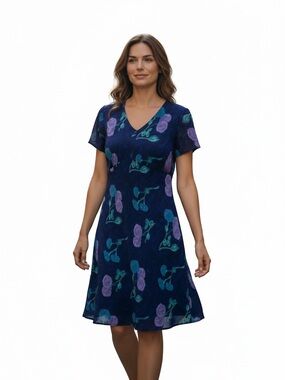 Navy Floral Midi Dress with Lavender and Teal Blooms